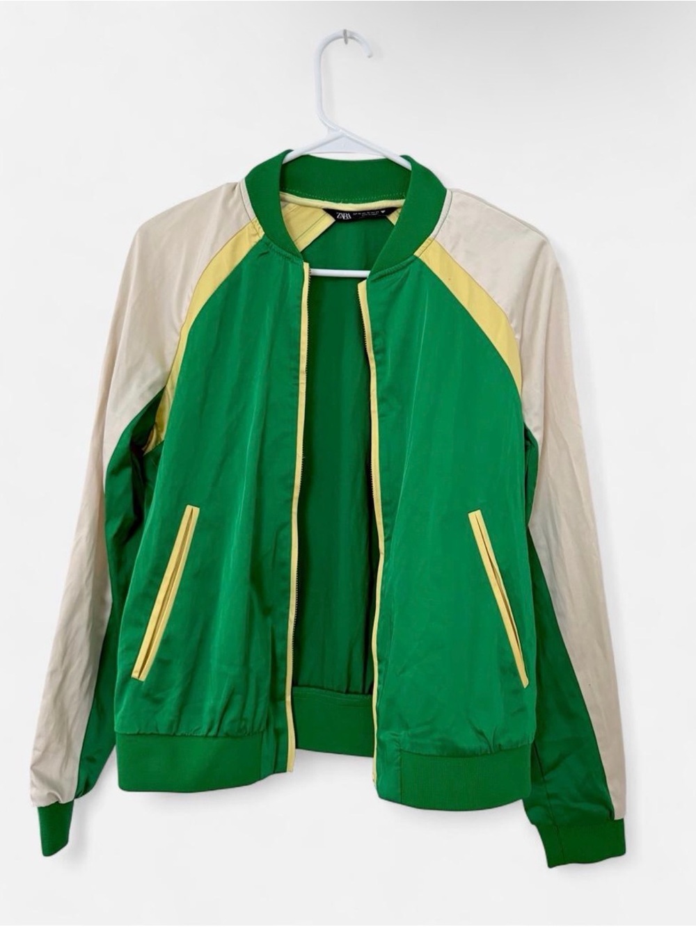 Zara Green & White Varsity Bomber Jacket with Yellow Trim- Retro Style (XS)